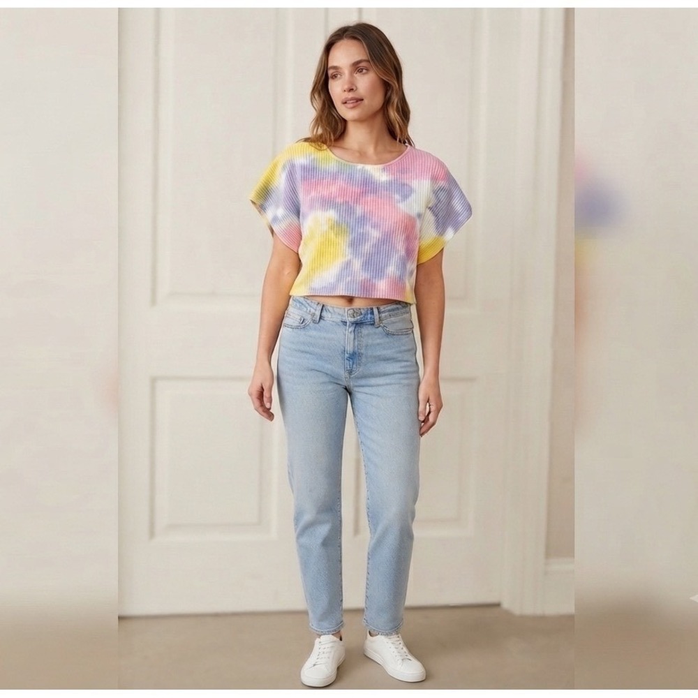Promesa Tie Dye Ribbed Knit Top Yellow Pink Purple Short Sleeve Sweater Small